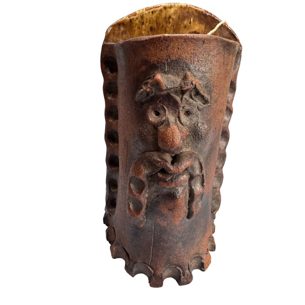 Studio Pottery Face Wall Pocket Vase Rustic Stoneware Folk Art Signed IC 9" Heav